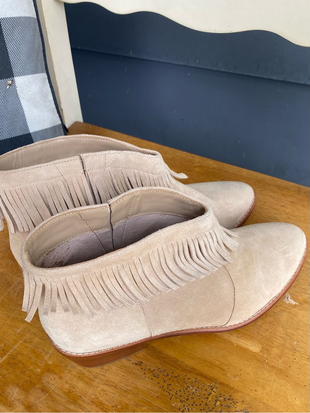Joie "Makena" Calf Suede Fringe Ankle Booties in the color "Buff". Size 10 1/2 - Picture 3 of 5